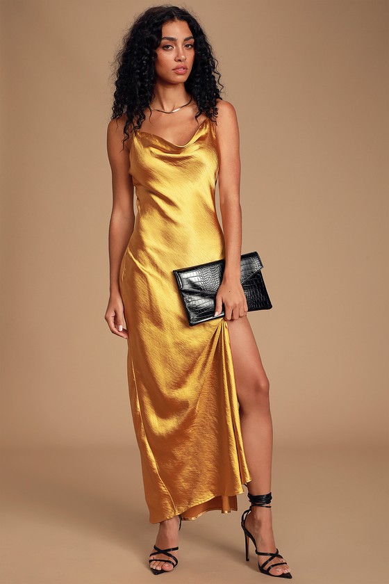 Chic Gold Satin Dress - Cowl Neck Dress ...